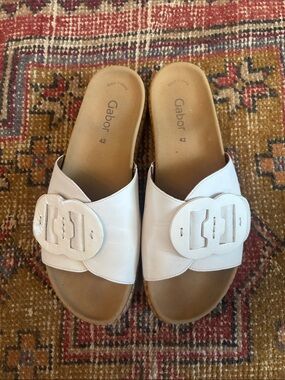 Gabor White Leather Slide Sandals with Decorative Buckle